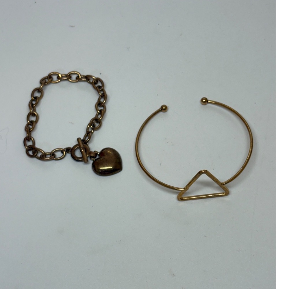 Gold Tone Heart Charm Toggle Chain Bracelet and Triangle Geometric Cuff Set